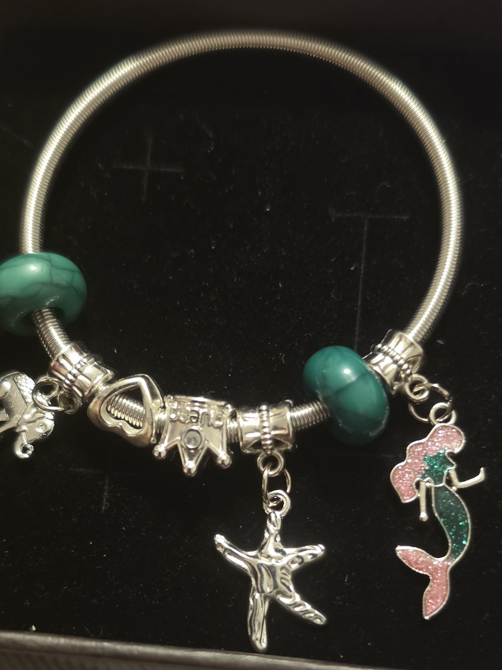 Sterling Silver Charm Bracelet with Green Beads and Mermaid Starfish Charms